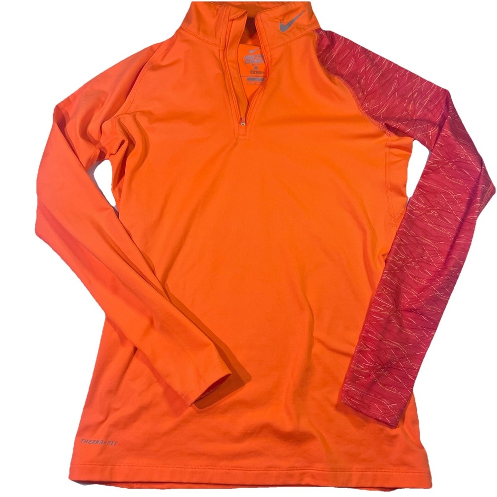NIKE PRO COMBAT Neon Orange Fitted 1/4 Zip Activewear Top 476753-803 Womens L